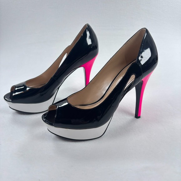 Marc Fisher Heels Peep Toe Pump‎ Black Pink White Platform Pinup 50s Era 7.5 - Picture 8 of 9